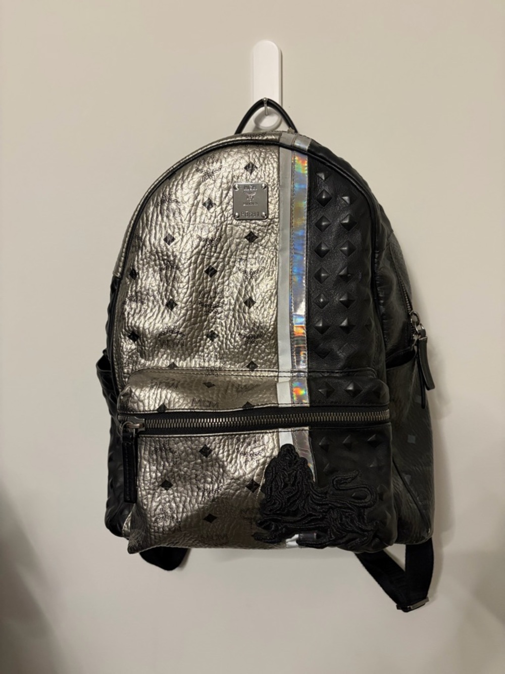MCM Men's Black & Silver Studded Leather Backpack